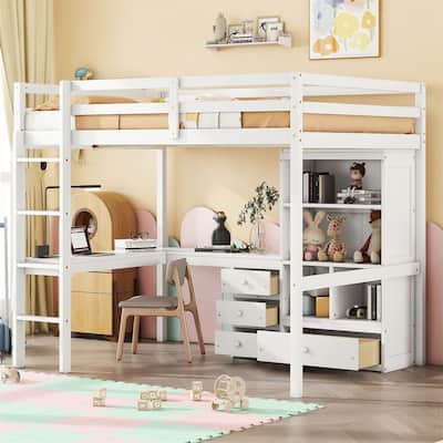 Full Size Loft Bed with Bulit-in L-Shaped Desk and Ladder, Wooden High Loft Bedframe with Storage Drawers and Shelves
