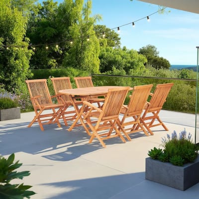 Sam 7pc Outdoor Dining Table Set, 6 Folding Chairs, Brown Teak Wood