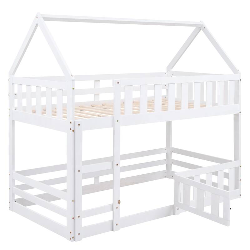 Twin over Twin House Bunk Bed with Fence and Door