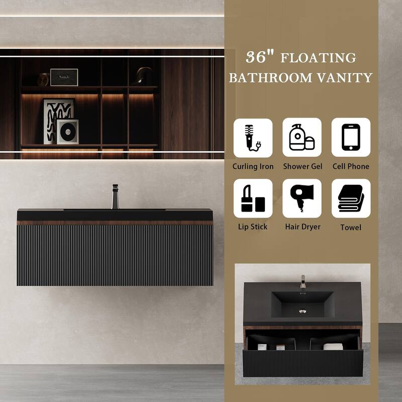 GDFStudio - Everett 36-Inch Floating Bathroom Vanity with Quartz Sand Basin and Fluted Storage Drawers