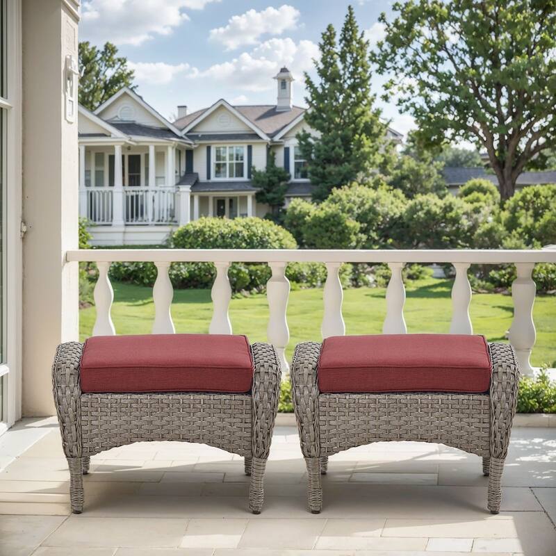 Outside Patio Wicker Ottomans Set Grey - Red - Grey - Red