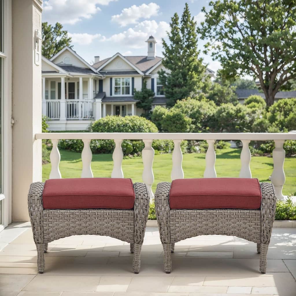 Outside Patio Wicker Ottomans Set Grey - Red