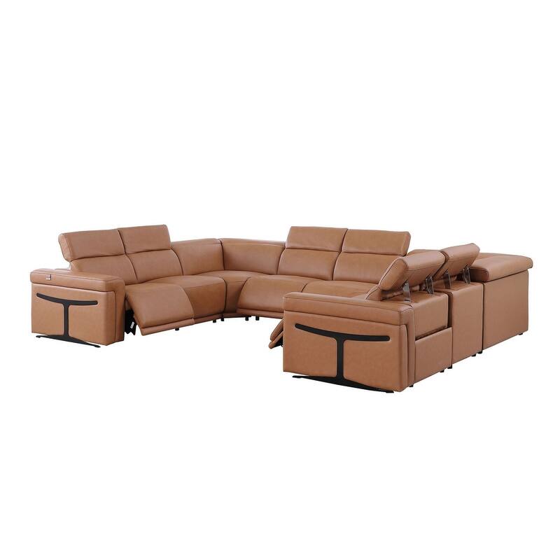 HomeRoots Chestnut Italian Leather Power Reclining U Shaped Eight Piece Corner Sectional With Console