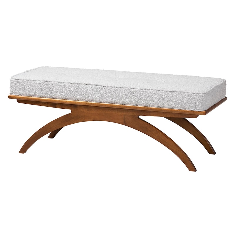 Orella Japandi Cream Boucle Fabric and Walnut Brown Finished Wood Bench - Light Grey, Walnut Brown