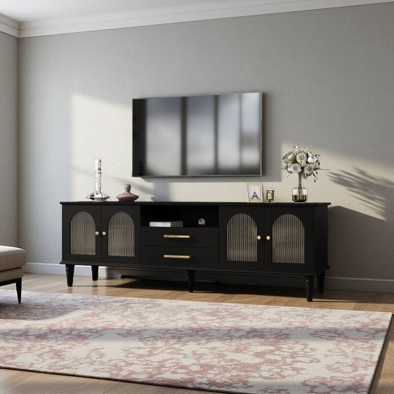 69" Retro-Modern TV Console with Fluted Glass Cabinet Doors, Roman Column Legs & Drawers, Fits TVs up to 75" - Black