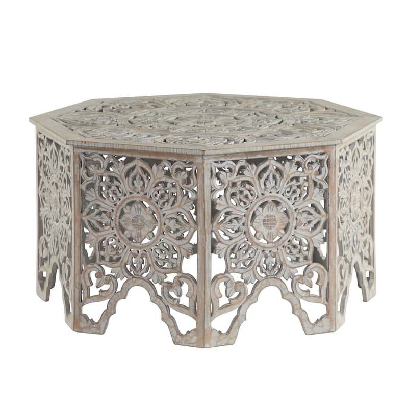 Wooden Floral Handmade Intricately Carved Coffee Table with Hollow Interior - Light Gray or Cream - Roche River Decor