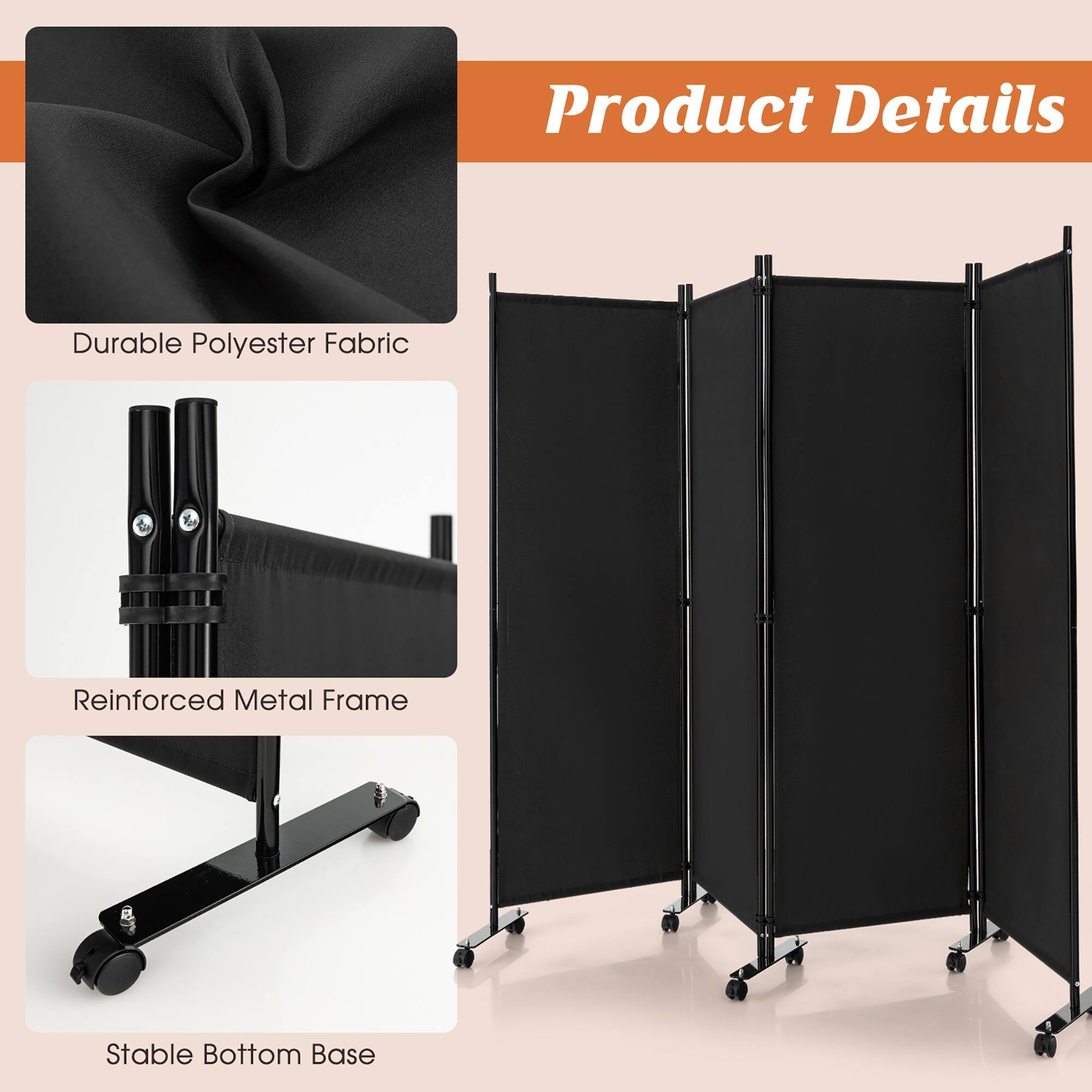 4Panel Folding Room Divider 6FT Rolling Privacy Screen with Wheels