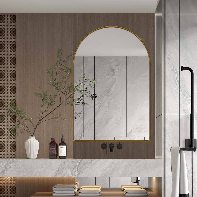 24x36 Inch Arched Bathroom Medicine Cabinet with Mirror, Metal Framed Recessed Wall Cabinet with Mirror - Yellow