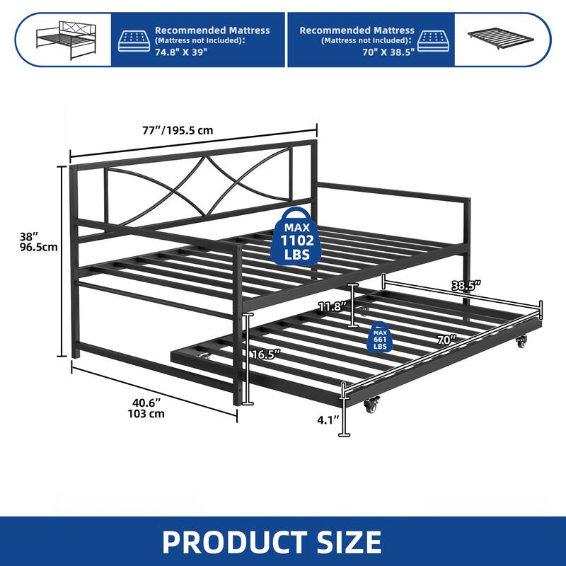 Moasis Twin Daybed with Pull Out Trundle, Metal Trundle Bed