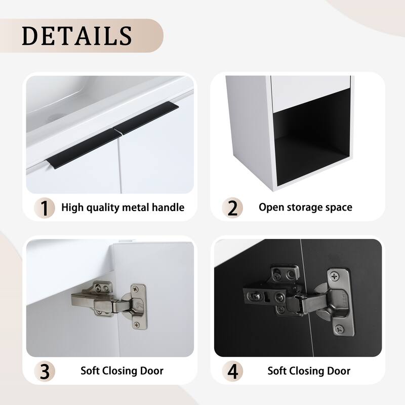 24" Wall-Mounted Bathroom Vanity with Ceramic Sink and Soft-Close Doors, Side Cabinet for Extra Storage
