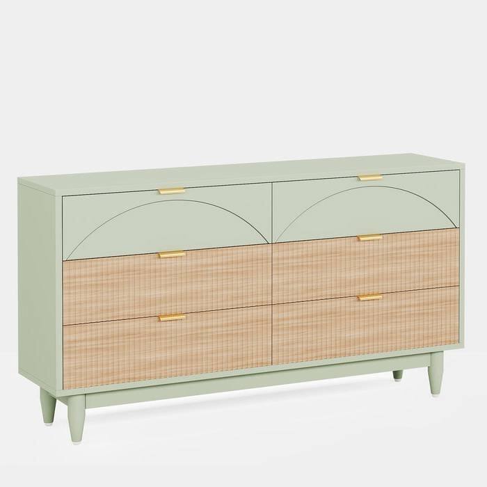 Modern Wooden 6 Drawer Dresser with Unique Arched Design Storage Chest for Bedroom and Hallway - MintGreen