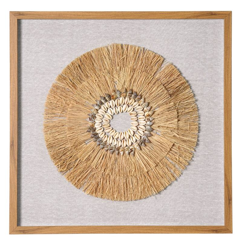 Boho Handmade Framed Straw Shell and Linen Wall Art Decor, 23.5"x23.5" - 23.5" x 23.5" - 23.5" x 23.5"