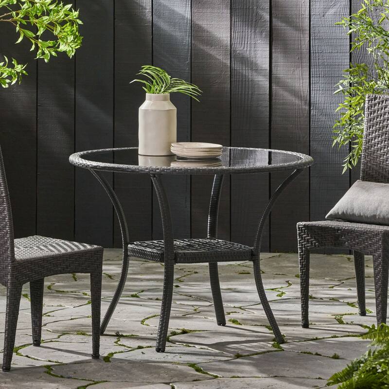 Outdoor Grey Rattan Dining Table with Glass Table Top