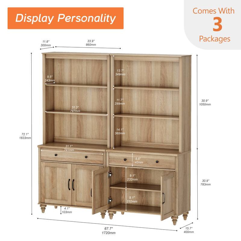 Oak Bookcase with Doors, Large Wood Farmhouse Book Case Shelf