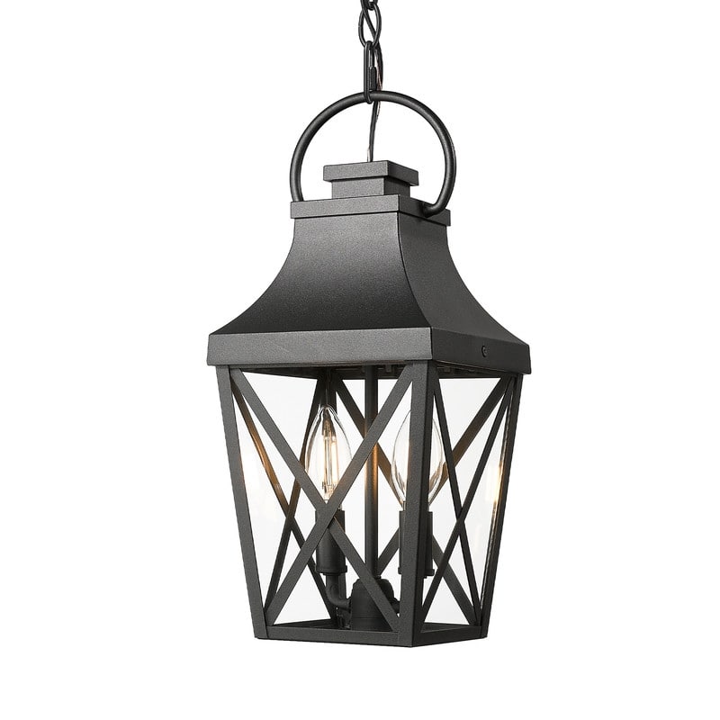 Black 2-Light Outdoor Pendant - Industrial Cage Chandelier with Clear Glass for Porch, Entryway, Farmhouse - Black