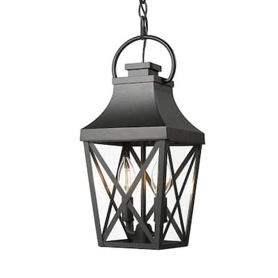 Black 2-Light Outdoor Pendant - Industrial Cage Chandelier with Clear Glass for Porch, Entryway, Farmhouse