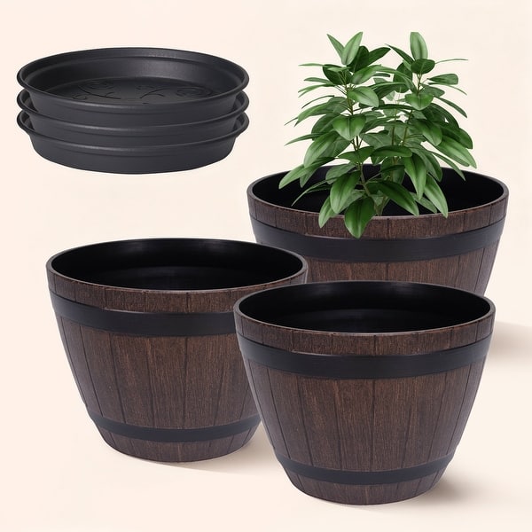 Javlergo 3 Pack 13" Planter Plastic Whiskey Barrel Planter with Drainage Holes & Black Saucers for Indoor Outdoor Use - Brown