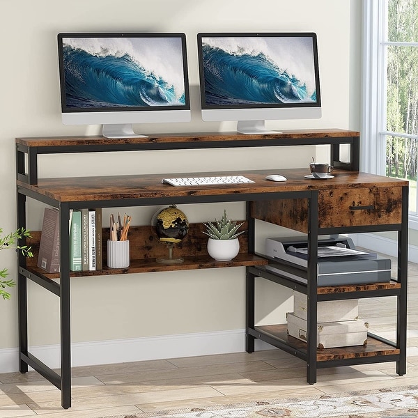 Computer Desk With Monitor Shelf And Drawers 55 Inch Industrial Home Office Desk With Hutch And Storage Shelves Bookshelf Overstock 33865866