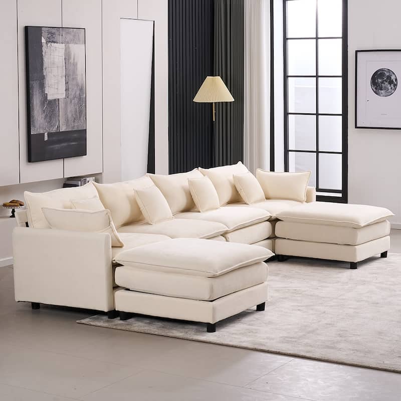 131.89" Chenille U-Shaped Sectional Sofa Bed with Sleeper & Iron Frame Support