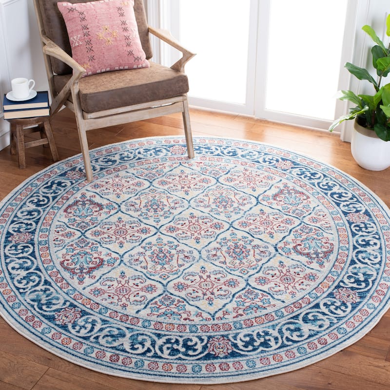 SAFAVIEH Brentwood Craciunita Traditional Oriental Rug - 6'7" Round - Beige/Navy