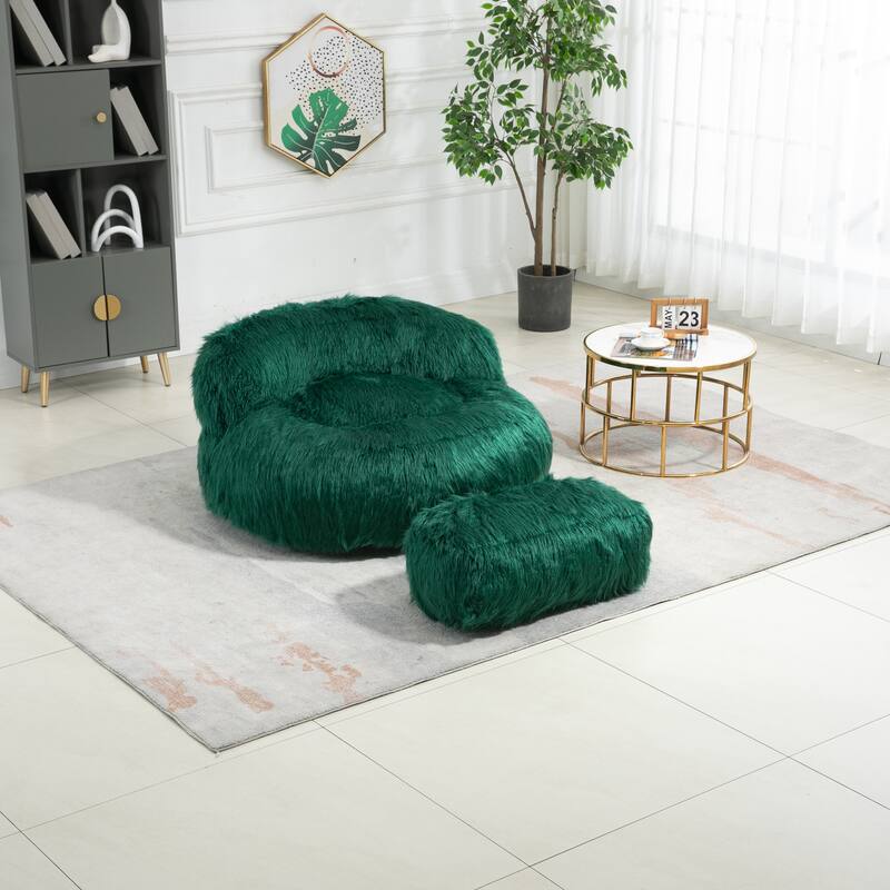 Fluffy Bean Bag Chair with Ottoman, Comfy Bean Bag Lounger for Adults and Kids, Ultra Soft Lazy Sofa Chair with Memory Foam