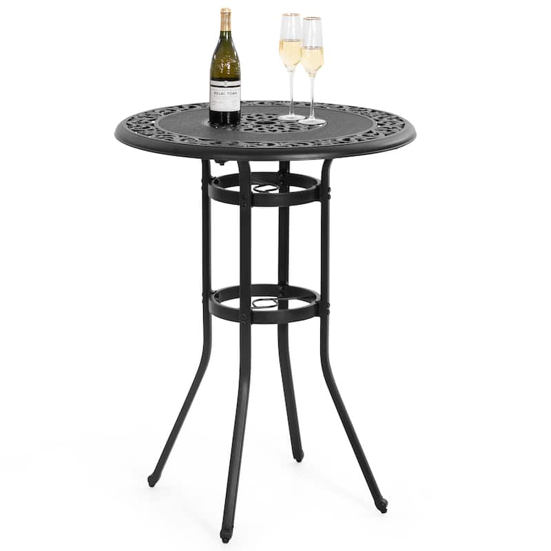 Outdoor 31'' Round Cast Aluminum Patio Bistro Table with Hollow Tabletop and Umbrella Hole, Black - 31'' Round
