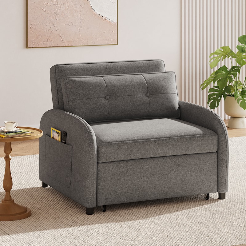 Single Sofa Bed Upholstered Sleeper Chair with Side Pocket, Convertible Chaise Lounge Pull-Out Sofa Bed with Adjustable Backrest
