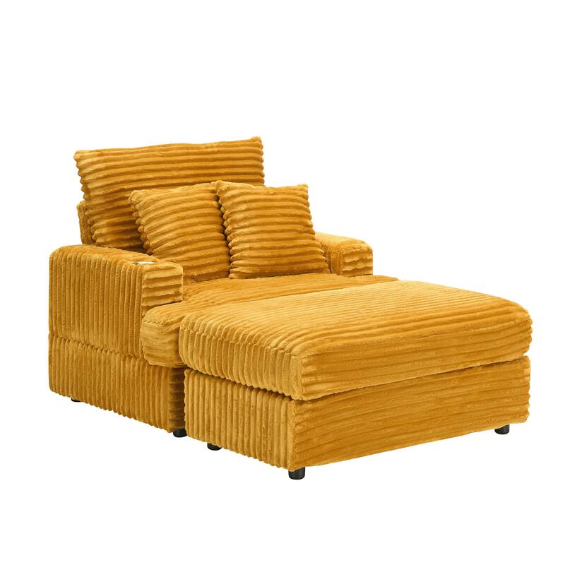 Corduroy Armchair Ottoman Set with Cup Holder, Spring Cushion and 2 Throw Pillows