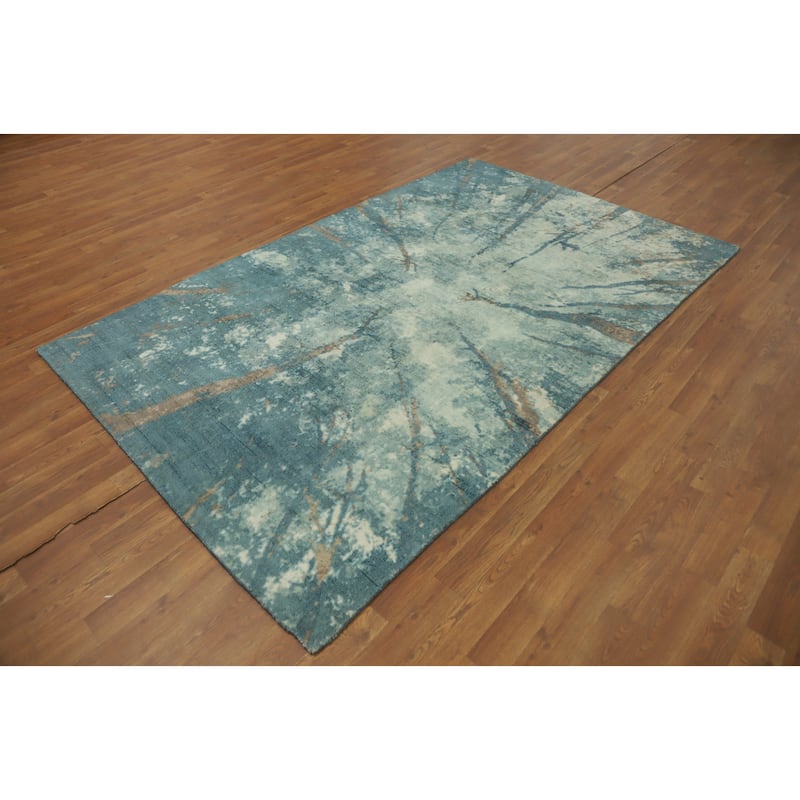 Hand-knotted Modern Silk Blue Abstract Oriental Area Rug - 7' 11'' X 4' 11''