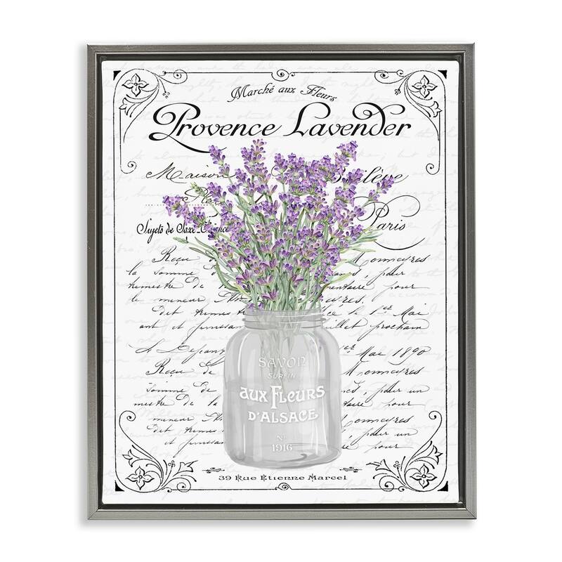 Stupell Lavender Sprigs Bouquet Ornate French Script Motif Floater Frame, Design by Lettered and Lined - 25 x 31 - Grey