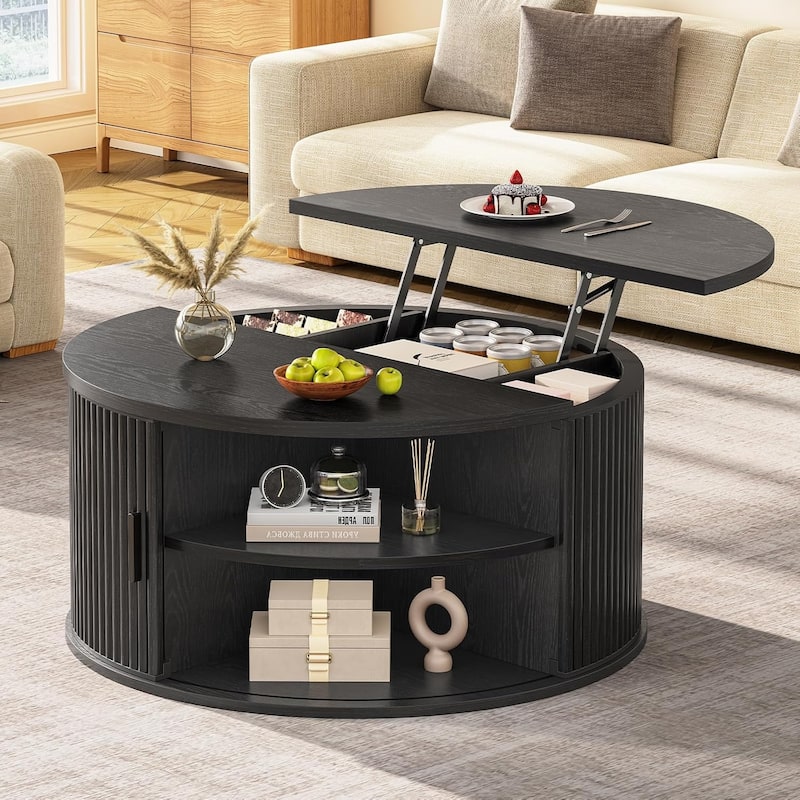 Round Lift Top Coffee Table 180 Grad Curved Sliding Door Living Room