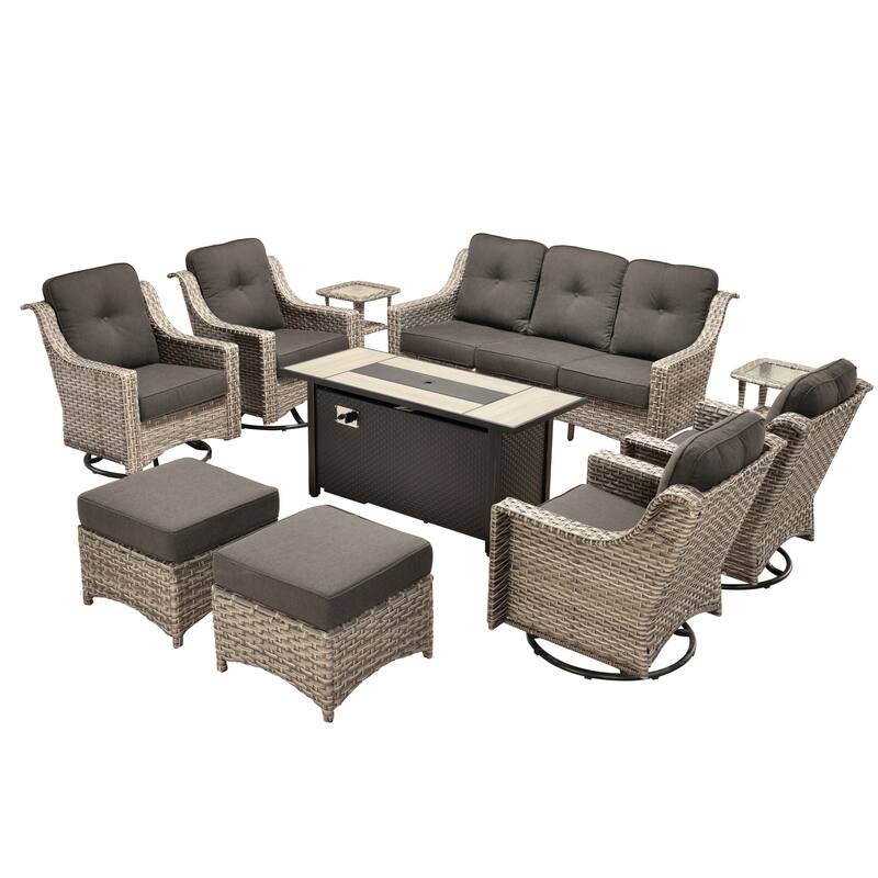 OVIOS 10-piece Patio Wicker Swivel Rocking Chair Set With Fire Pit
