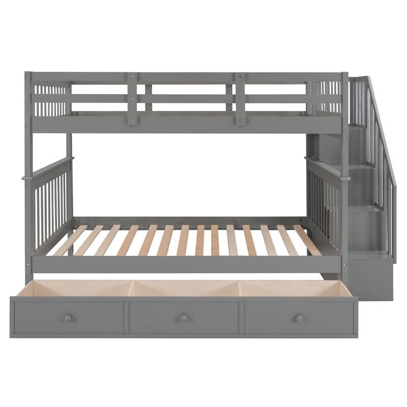 Stairway Full-Over-Full Bunk Bed with Drawer, Storage and Guard Rail for Bedroom