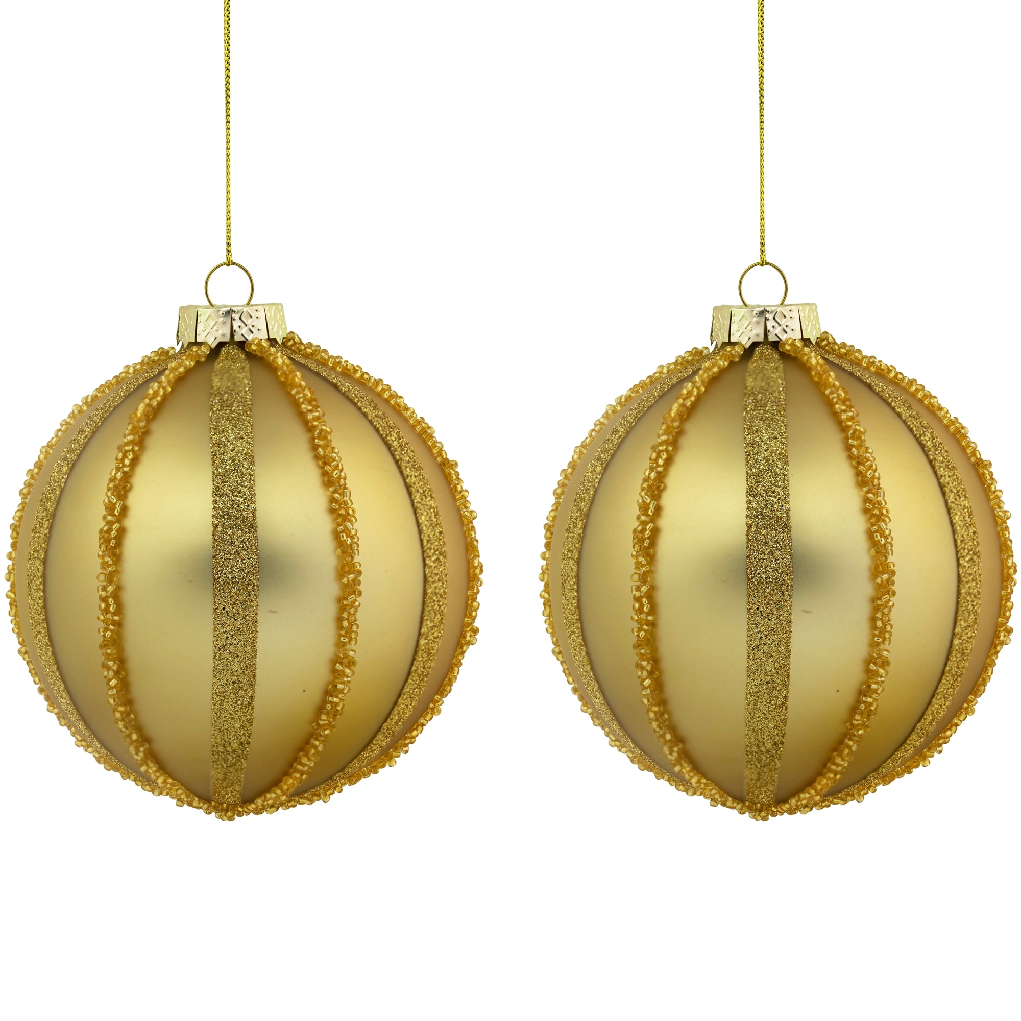Glitter Beads Striped Christmas Glass Ball Ornaments 4" Gold Set of 2