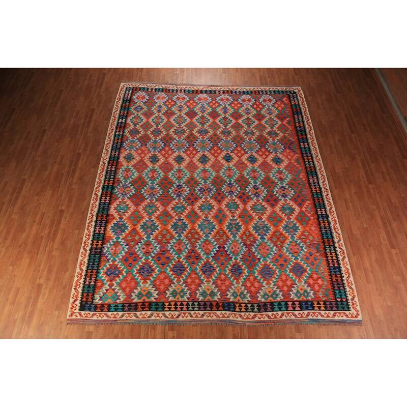 Reversible Kilim Oriental Rug Hand-Woven Geometric Wool Carpet - 10'8"x 13'3"