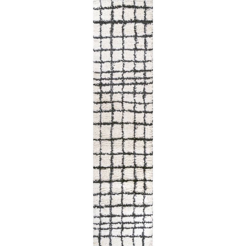 JONATHAN Y Cami Geometric Grid Shag Area Rug - 2 X 8 - White/Black