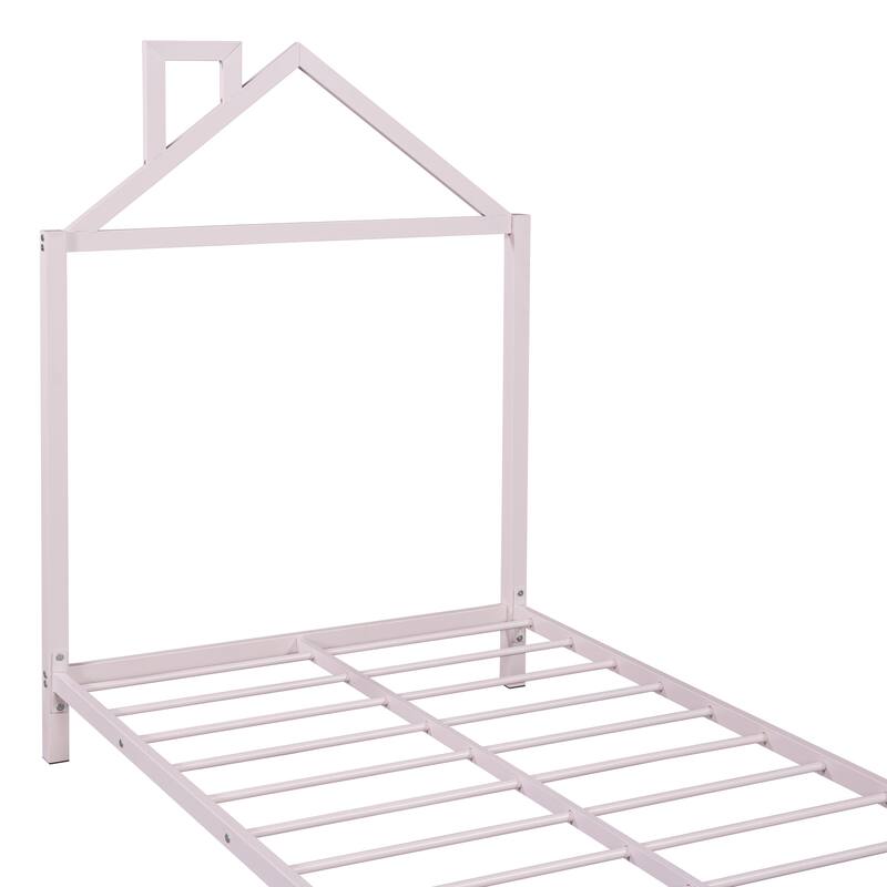 Metal Montessori Floor Bed with House-Shaped Headboard , for Girls Boys ...