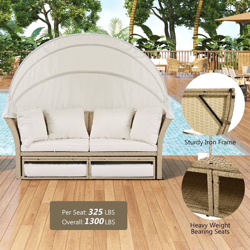 Outdoor Wicker Rattan Double Daybed with Canopy & 4 Pillows
