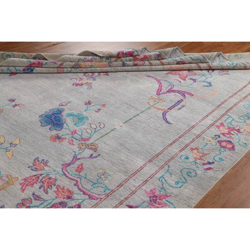 Hand Knotted Oriental 100% Wool Carpet Traditional Floral Greys & Charcoal Art Deco Area Rug - 11' 6'' X 9' 0''
