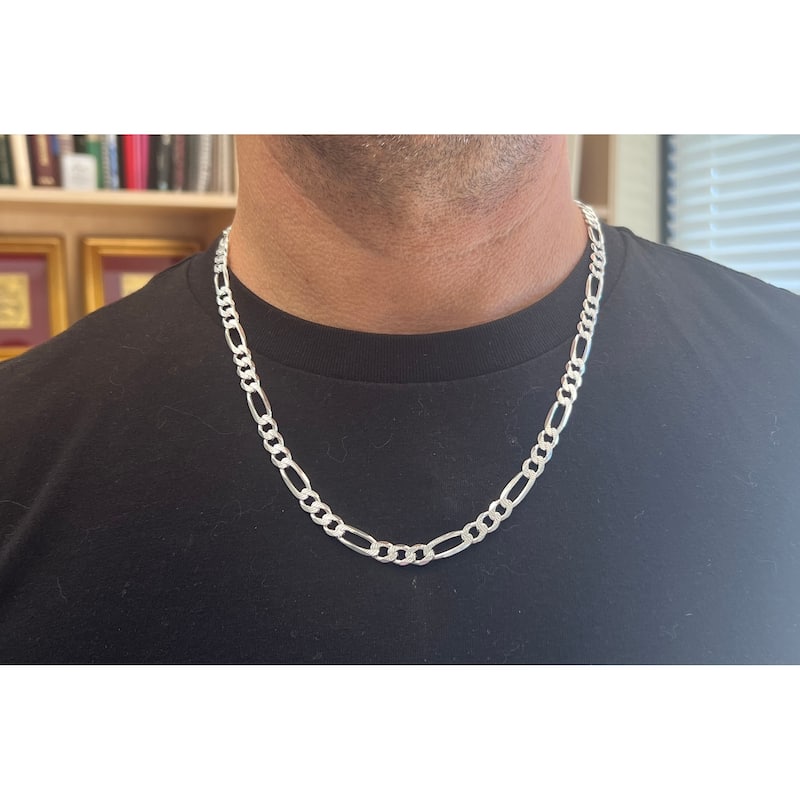 Roberto Martinez Sterling Silver 7 mm Figaro Pave Chain Necklace (20"-26")