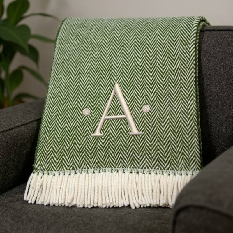 55" X 70" Moss Green And White Herringbone Cotton Blend S Initial Throw Blanket with Tassels And Embroidery