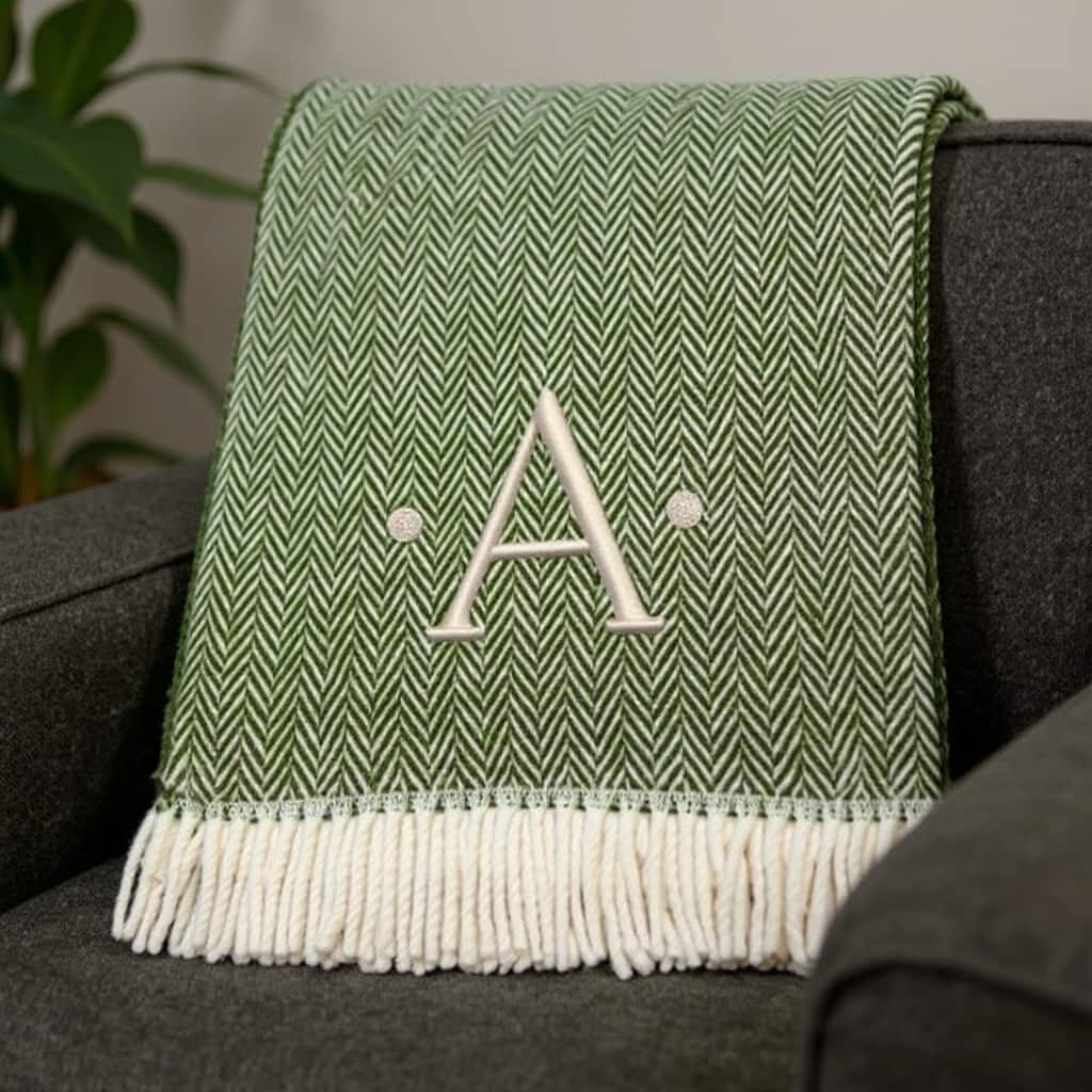 HomeRoots 55" X 70" Moss Green And White Herringbone Cotton Blend A Initial Throw Blanket with Tassels And Embroidery