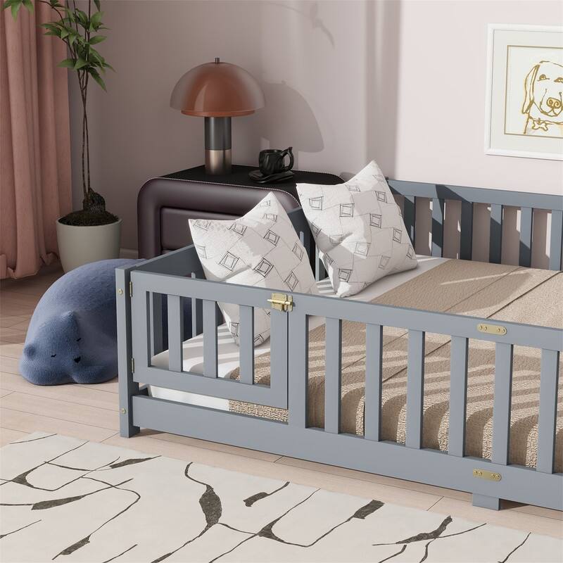 Twin/Full/Queen Size Floor Bed with Fence Guardrails and Door, Rubber Wood Toddler Bed Montessori Bed with Slats Support