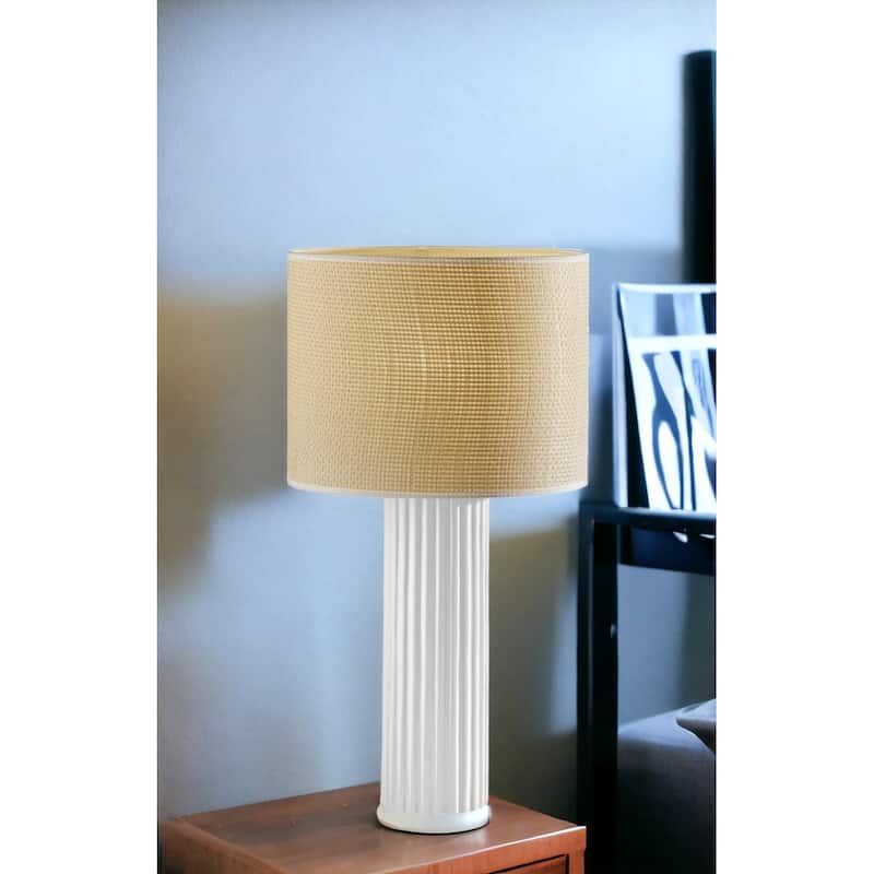 HomeRoots 24" White Ceramic Cylinder Table Lamp With Beige Drum Shade - 13' X '24' X '13 - 13' X '24' X '13 - Beige and White