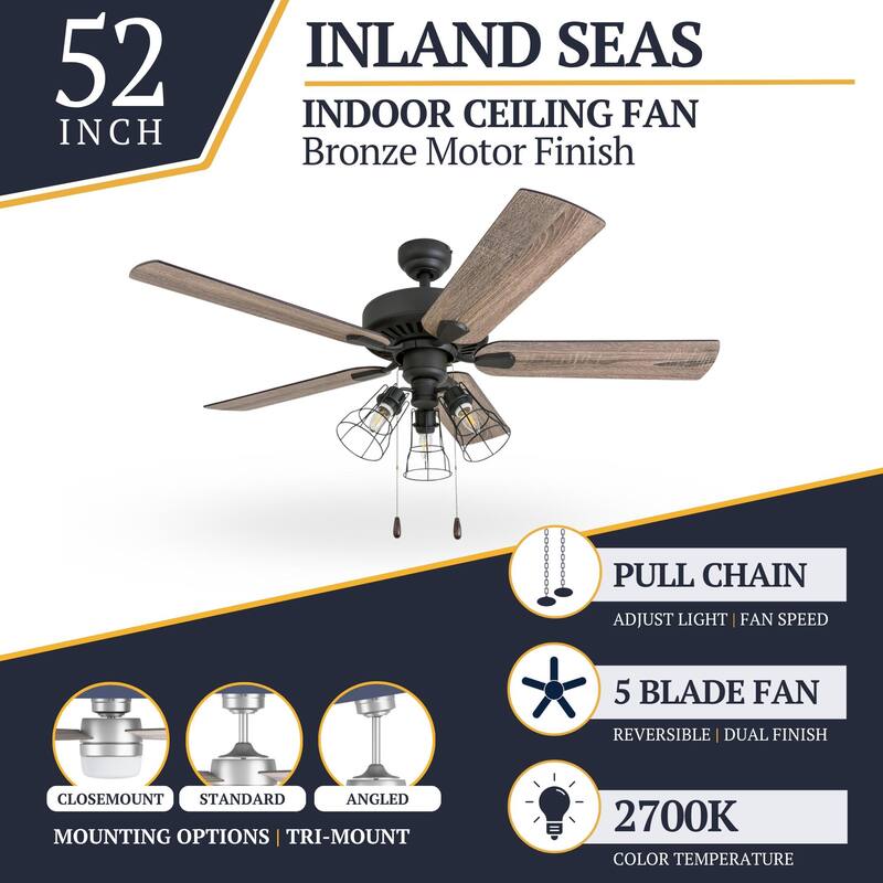 52" Prominence Home Inland Seas Bronze Industrial Style LED Ceiling Fan with Light, Pull Chain