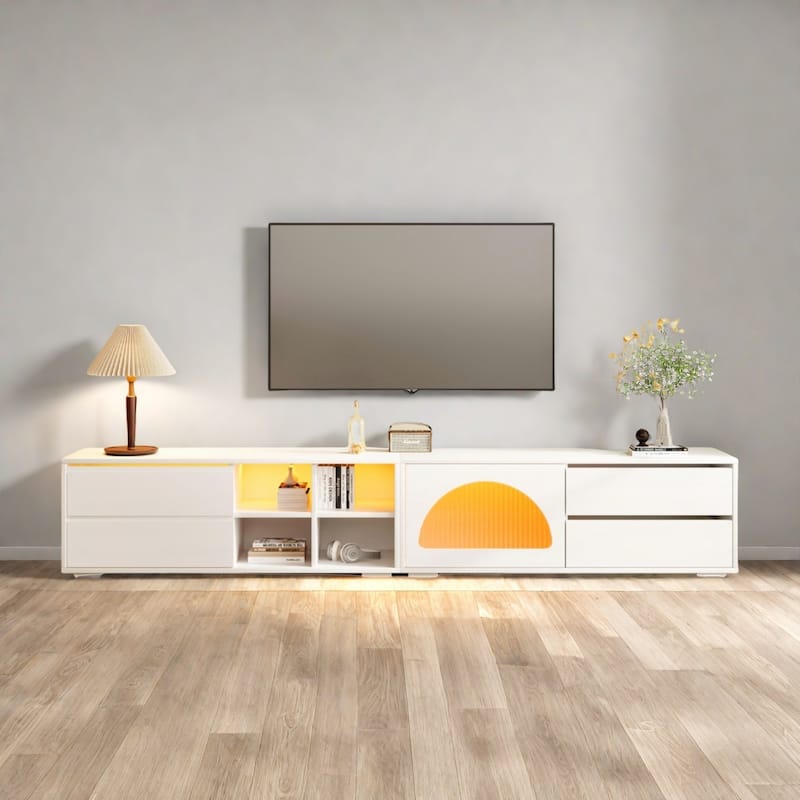 94.4" Modular LED TV Stand with Tempered Glass Arched Doors - Smart App-Controlled Lighting, Music Sync - White