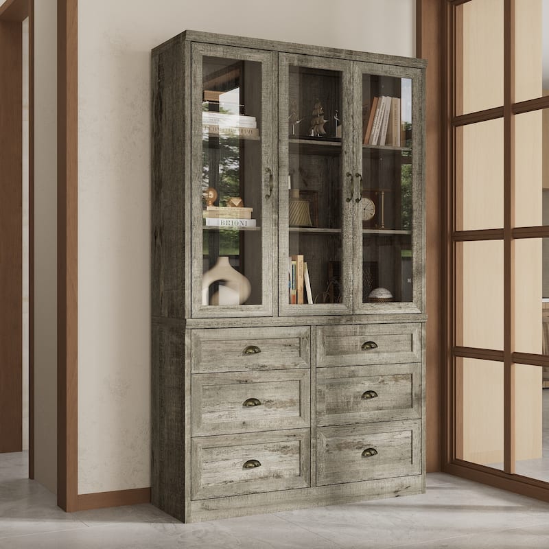 Buffet Cabinet with Glass Doors and Drawers Display Hutch Bookshevles Bookcase