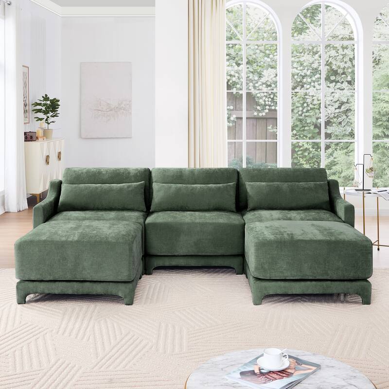 105.9" Chenille 3-Seater Sofa with 2 Ottomans, Lumbar Pillow & Wooden Base