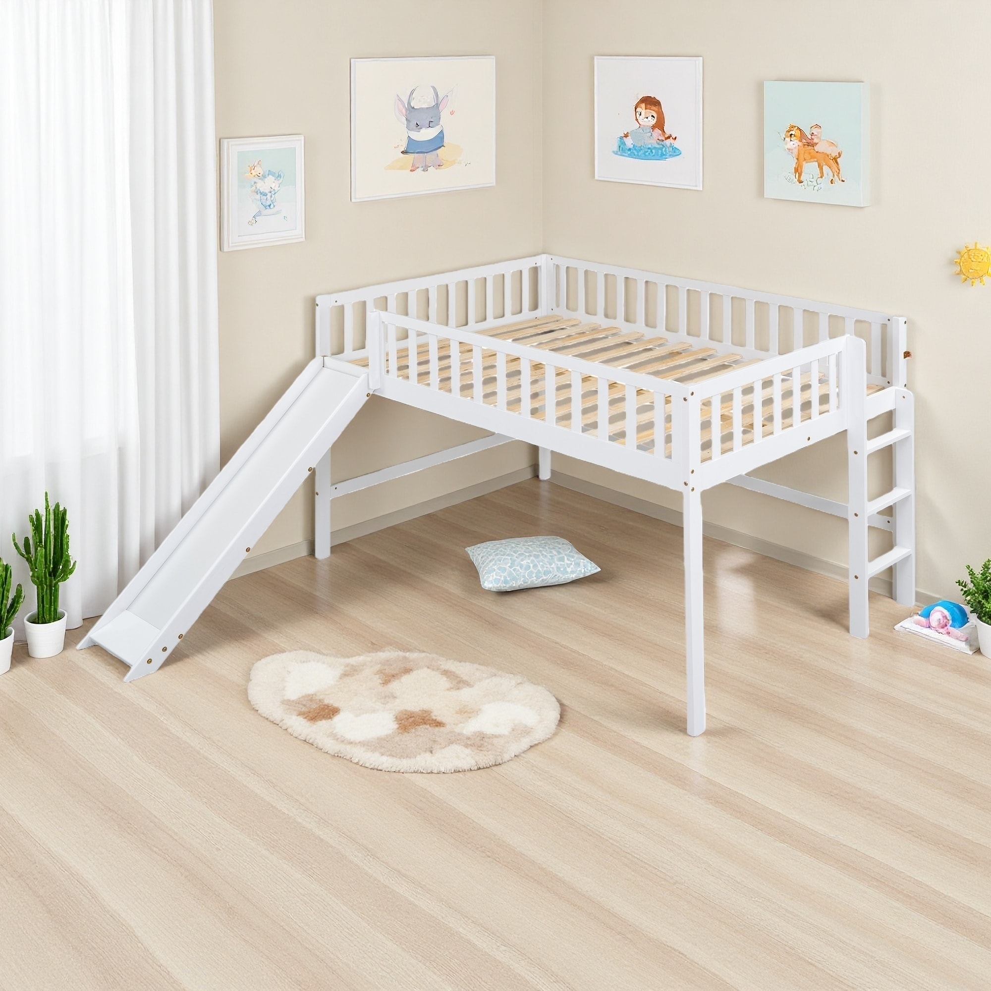 Full Size Pine Low Loft Bed with Ladder and Slide