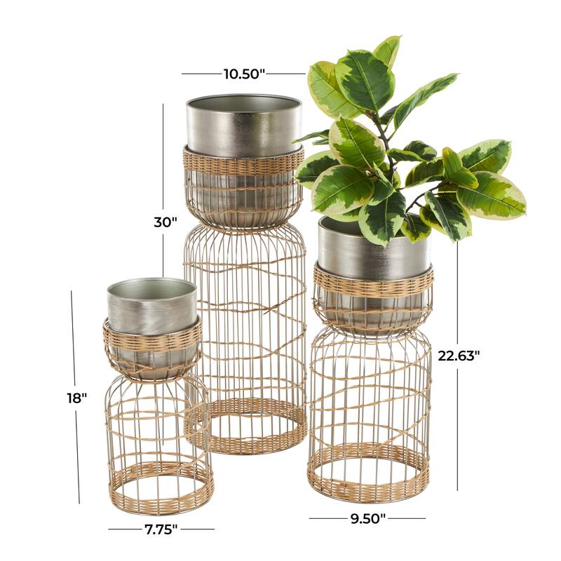 Silver or Gold Metal Caged Wire Planter with Woven Seagrass Accents (Set of 3)